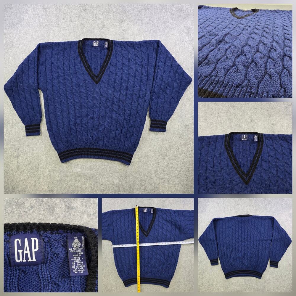 Vintage GAP Sweater Mens XL Blue Wool Cable Knit V Neck Heavyweight 90s Pullover